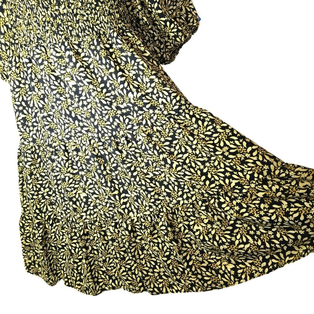 NWT Nanette Lepore Black Gold Yellow Floral Bust Shirred Dress Size 14 - Picture 5 of 15
